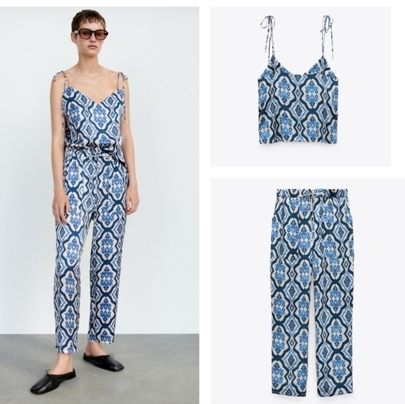 Zara Satin Silky Abstract Print Joggers And Tied Top Set In Cream & Blue Size S - Picture 3 of 16